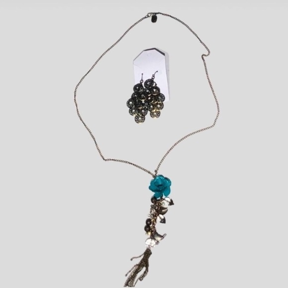 Jewelry - Vintage Floral Pendant Necklace & Filigree Dangle Earrings Set Turquoise W OS
